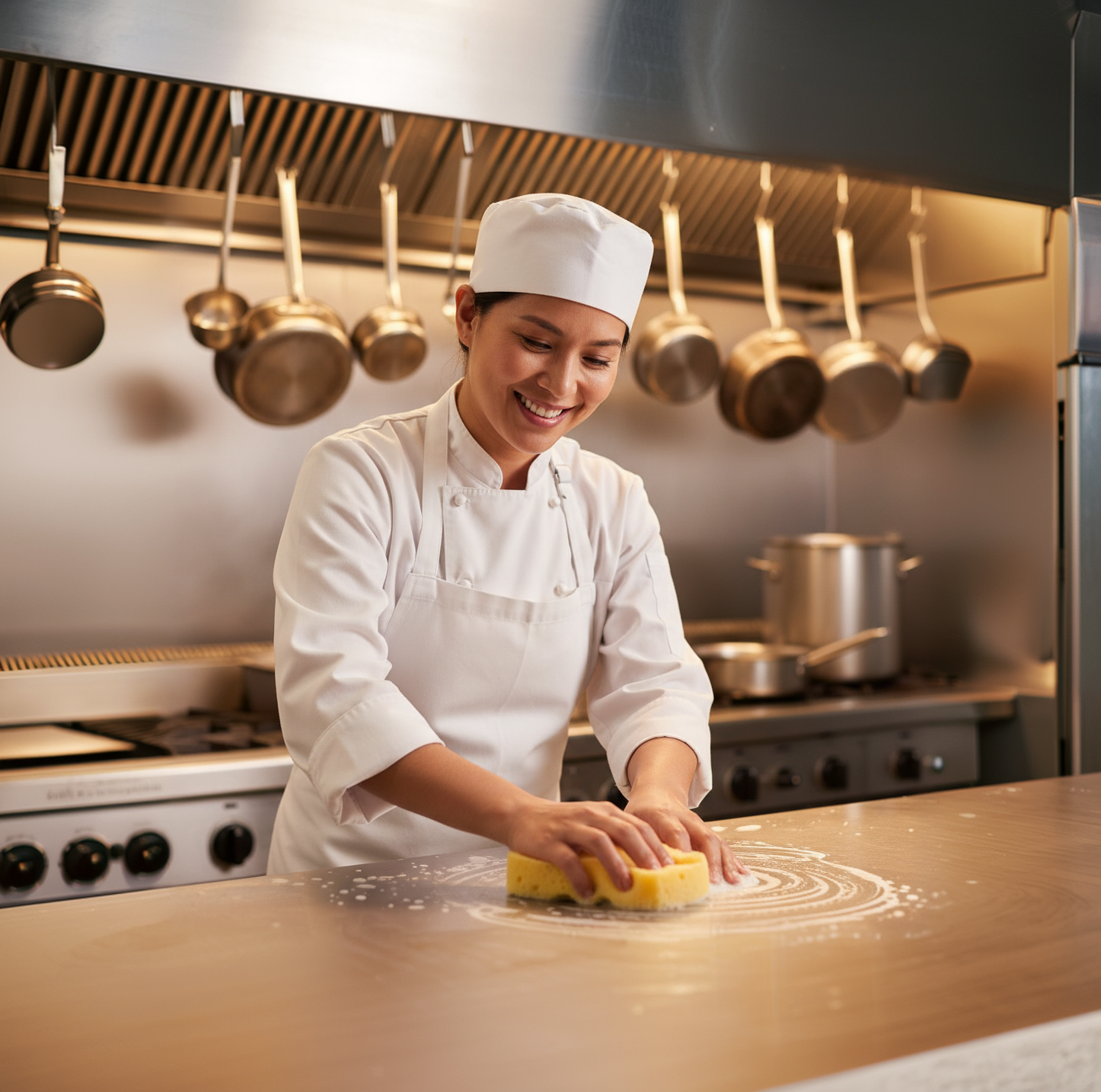 Cocinera realizando tareas de limpieza